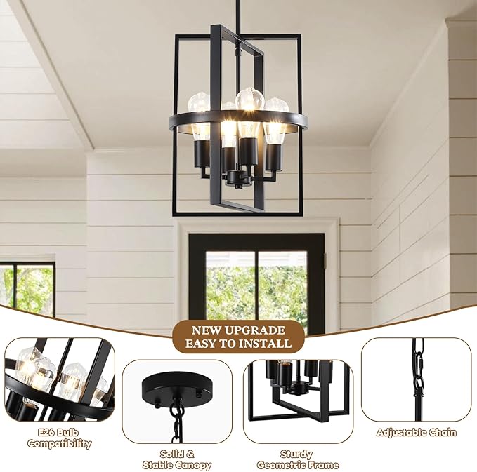 12.6"Black Chandelier for Dining Room, 4-Light Modern Farmhouse Chandelier with Geometric Cage Adjustable, Foyer Lighting Fixtures Rustic Pendant Lights for Kitchen Entryway Hallway Living Room