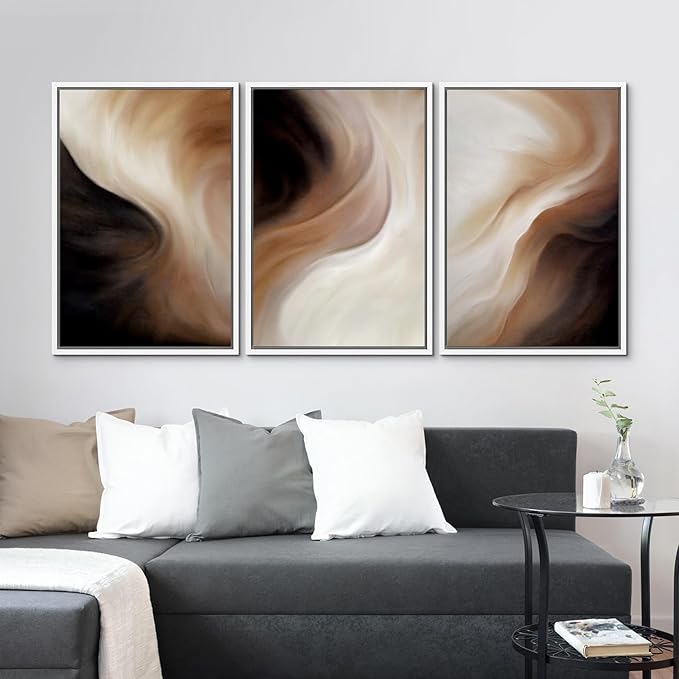 MUDECOR Framed Canvas Print Wall Art Abstract Neutral Brown and Beige Fluid Illustrations Realism Decorative for Living Room, Bedroom, Office - 24"x36"x3 White