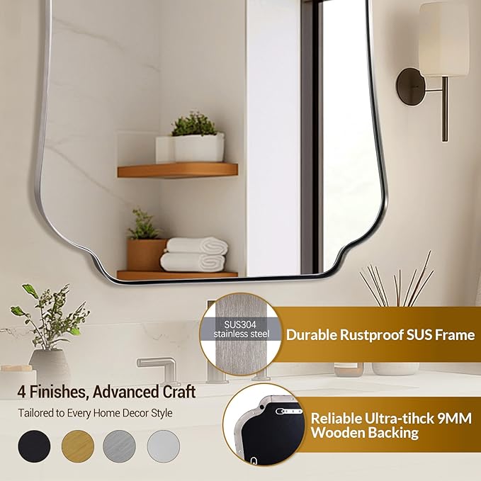 ANDY STAR 24"x32" Brushed Nickel Mirror, Scalloped Bathroom Wall Mirror with Metal Frame for Vanity, Vintage Design Ideal for Entryway, Living Room & Bedroom Decor