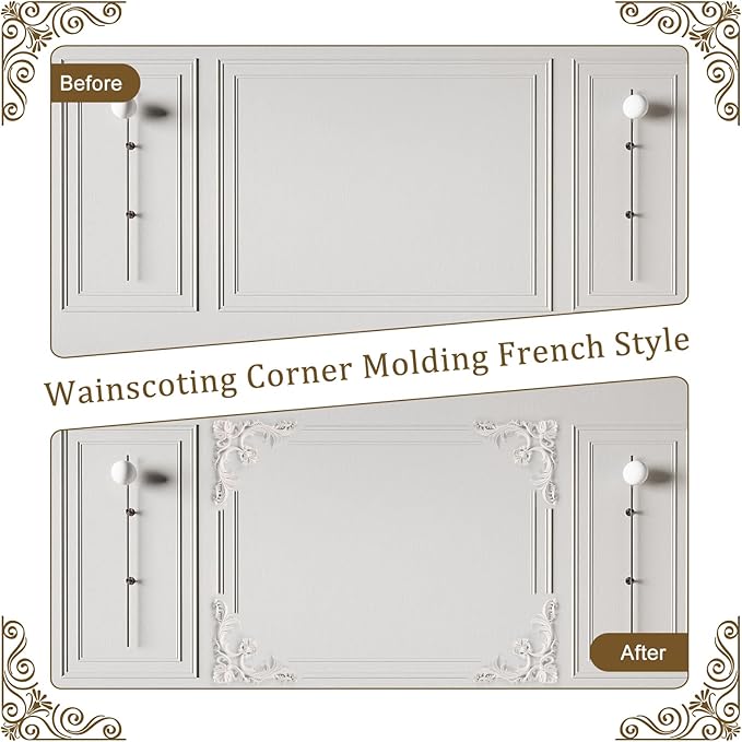 4 Pcs PU Ceiling Molding Kit 13.4 x 13.4 in Luxe Architectural Corners Decoration Murals Trim Premade Flowers Pattern French Style Wall Decor for Ceiling Decorative Panels for Wall