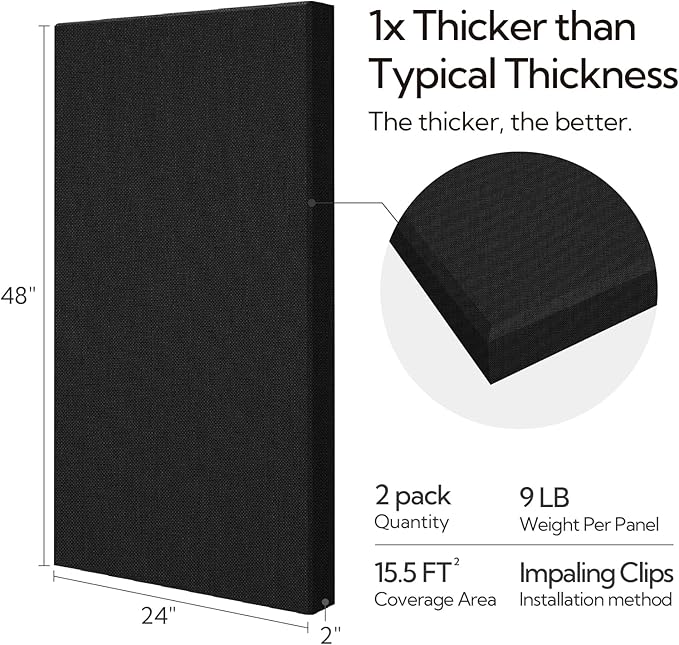 Olanglab Sound Absorbing Acoustic Wall Panels 2 Pack, 2'' 24''x48'' Fiberglass Sound Dampening Panels, Large Fabric Wrapped Sound Proof Panels for Walls (Black)