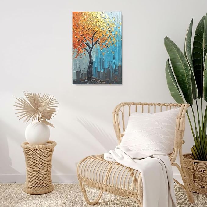 Abstract Wall Art Gold Tree Framed Modern Artwork Canvas Painting Textured Tree of Life Pictures Home Decor For Living Room Bedroom Bathroom Office 16"X24"