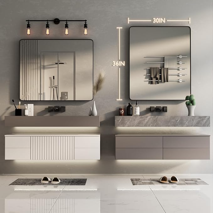 Black Bathroom Mirror for Wall, 36x30 Inch Matte Black Framed Bathroom Vanity Mirror for Farmhouse Living Room Bedroom, Anti-Rust, Tempered Glass, Rounded Corner, Horizontal/Vertical