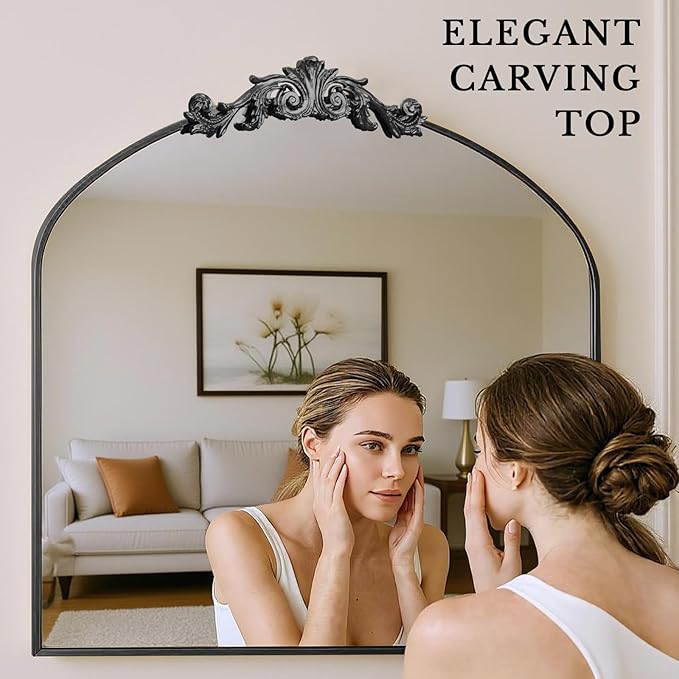 MISSDAY Vintage Arched Baroque Mirror for Wall, 36"X30" Antique Wall Mirror with Elegant Carving Top, Full Metal Frame Wall-Mounted Mirror for Bathroom, Living Room, Fireplace, Entryway, Matte Black