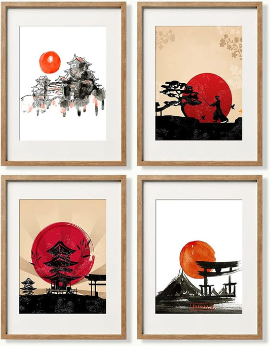 YUMKNOW Japanese Art Wall Decor - Unframed 8x10 Set of 4, Modern Minimalist Asian Oriental Decor for Living Room, Samurai Armor Warriors Prints Posters for Bedroom, Japan Red White Art Office Gifts