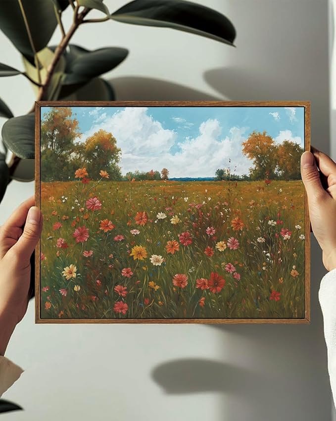 KISSFOX Vintage Landscape Framed Wall Art Autumn Farmhouse Wildflower Field Canvas Art Natural Fall Countryside Paintings Artwork Rustic Art Prints For Bedroom Bathroom Living Room