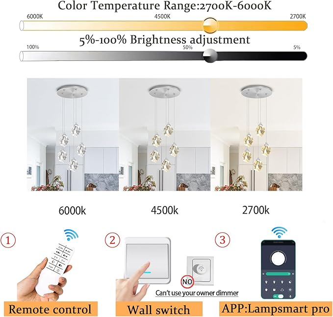 Modern LED Chrome Crystal Raindrop Chandeliers Adjustable Pendant Light for Kitchen Island 5-Light Dining Room Light Fixtures Over Table Dimmable 3000K-6000K