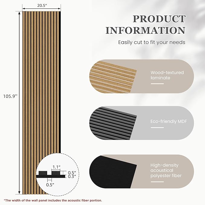 2 Pack 105.9" x 20.5" x 0.8" Acoustic Wall Panels Sound Absorbing, Wood Slat Wall Panels for Wall Decor, Soundproof Wood Wall Panels, Teak