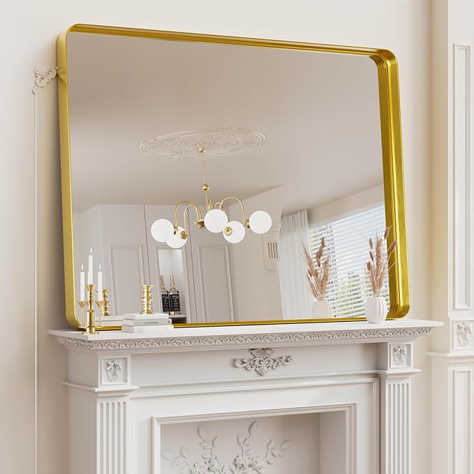 Koonmi Gold Bathroom Mirror for Wall, 36x48 Inch Matte Metal Deep Framed Rounded Corner Wall Mirror, Shatterproof Tempered Glass for Farmhouse Bedroom Entryway, Vertically or Horizontally