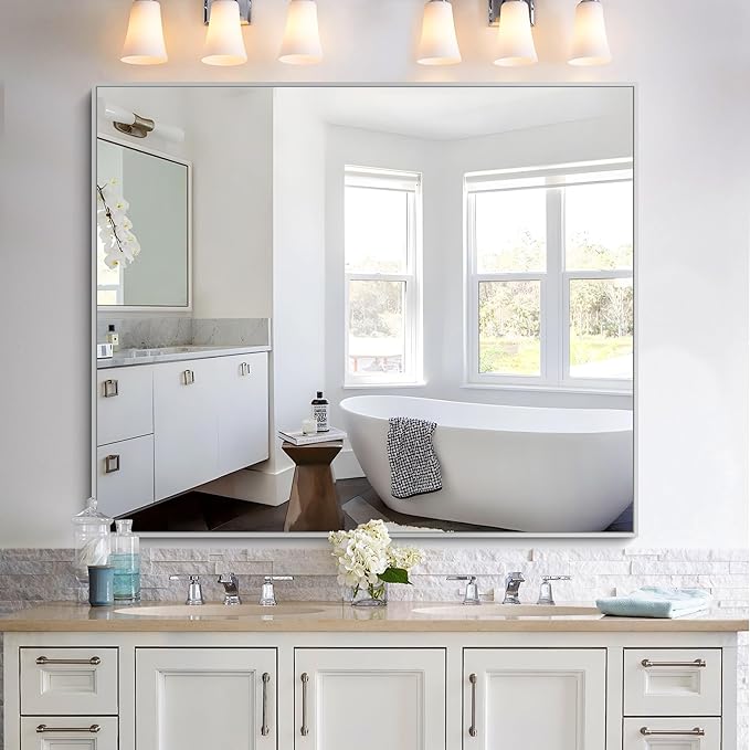 KOCUUY Silver Framed Mirror, 48"x40" Large Rectangle Bathroom Mirror for Wall, HD Tempered Glass, Anti-Rust Brushed Silver Frame, Modern Design for Bathroom, Bedroom, Living Room, Entryway