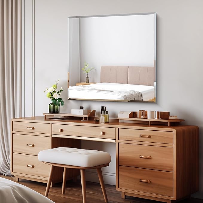 Beveled Mirror, 30x30 inch Square Bathroom Mirrors for Wall, Upgraded Shatterproof Frameless Vanity Mirror Over Sink with Beveled Edge for Bathroom,Bedroom,Living Room and Entryway
