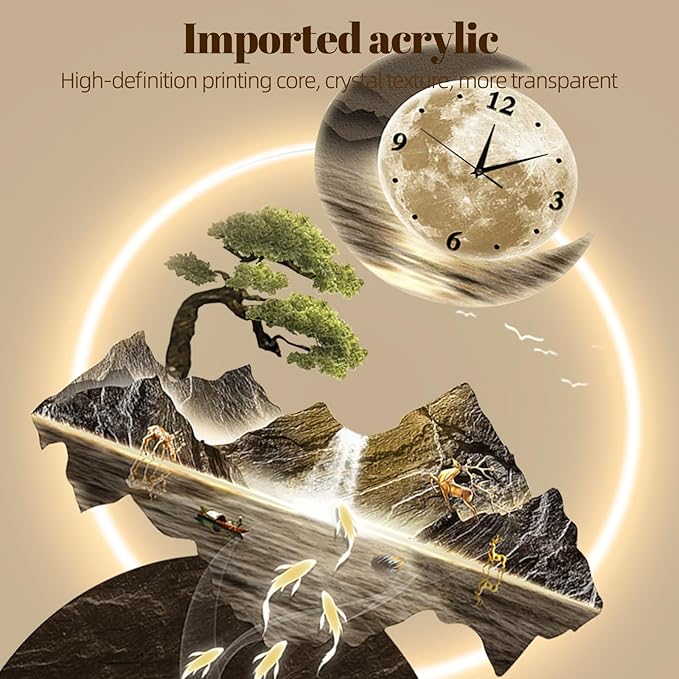 LED Light Art Wall Decor, 3D Art Wall Decor Clock, Decors Walls Sculptures with Lights, Modern Home Decors Landscape Walls Sculpture, Plug-in Power Supply, Gold G, 19x39IN