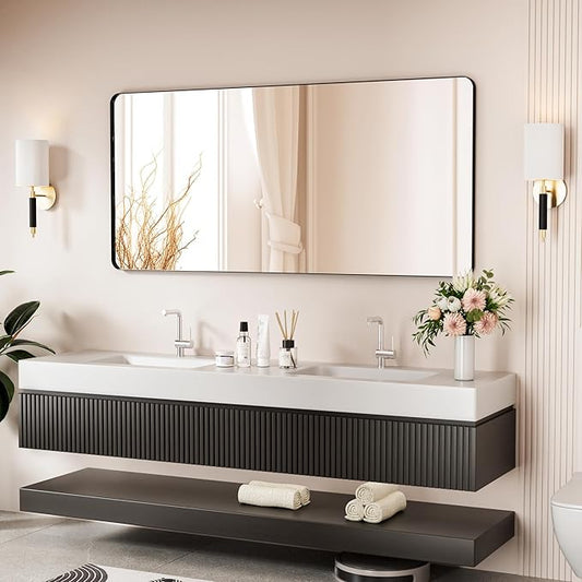 Black Bathroom Mirror 60X28 Inch Bathroom Vanity Mirror for Wall, Metal Frame Large Mirror, Tempered Glass, Modern Wall Mirror for Bathroom, Farmhouse, Horizontally or Vertically Hanging