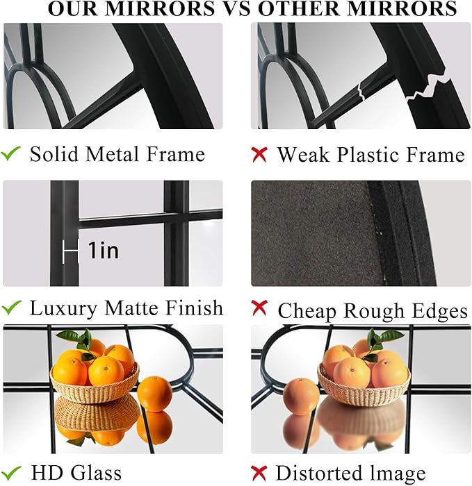 Black Arched Window Mirror, Farmhouse Decorative Wall Mirrors for Living Room, Bedroom, Entryway, Bathroom Vanity, Fireplace Mantel, Window Pane Mirror Wall Decor (Black, 31.5 x 20 x1)