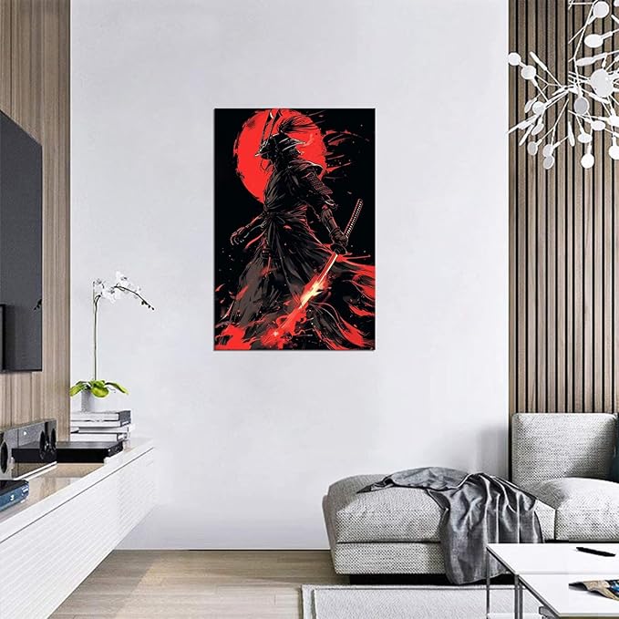 Black and Red Japanese Samurai Wall Art Bushido Pictures Wall Decor Canvas Prints Armored Samurai Painting Poster Artwork Modern Home Decor Framed for Bedroom Living Room Office (28''W x 44''H)