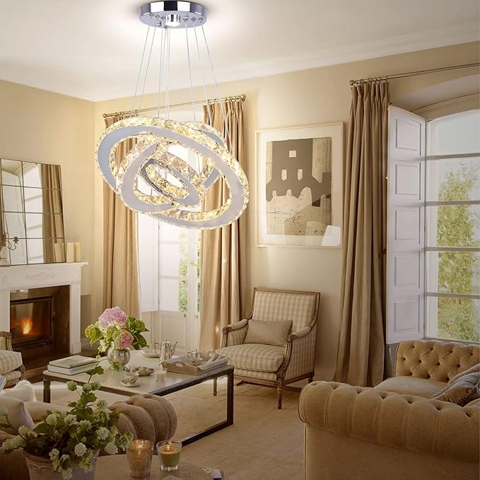 LED Chandeliers 3 rings LED Ceiling Lighting Fixture Modern Crystal Chandeliers Adjustable Stainless Steel Pendant Light for Bedroom Living Room Dining Room(Changeable Color,Control by button)