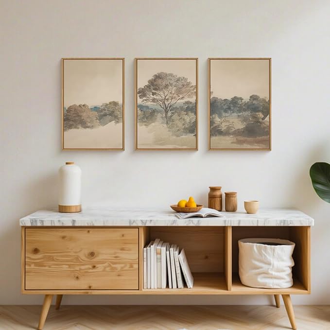 Aryroi Vintage Forest Scenery Framed Canvas Wall Art Set,Beige Tree Landscape Wall Decor,Neutral Woodland Art Prints,Natural Botanical Artwork For Living Room, Bedroom,Farmhouse-16 x24 x3