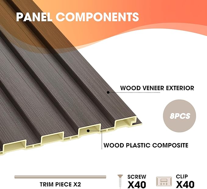 OUZUGIE WPC Acoustic Slat Wall Paneling, 8-Pack 96 x 6 Inches 3D Wall Panels for Interior Wall Decor,Living Room,TV Background,Study Room,Office Spaces,Bedroom,Low Grille (Walnut)
