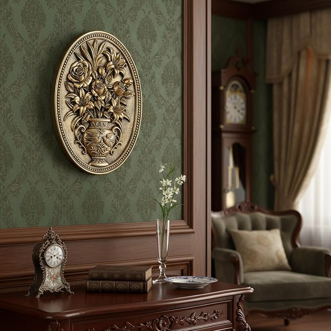 Newinhome Vintage Flower Wall Sculpture, Antique Wall Decor, Hand Painted Wall Decorations with Embossed Flower Design, Antique Pediment, Gold Decor for Living Room Bedroom Hallway, Unique Gifts