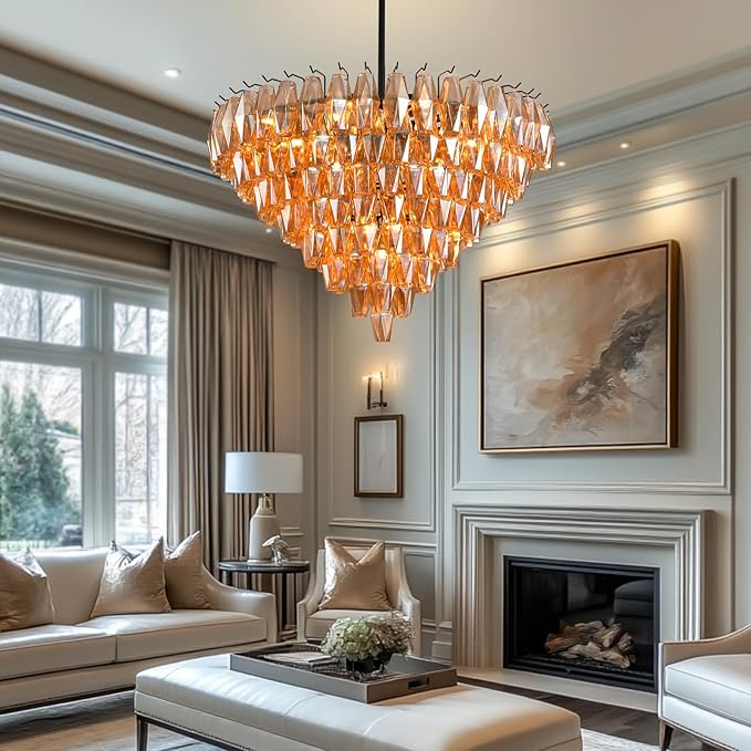 Modern Crystal Chandelier, 36" Luxury Black Round Amber Glass 8-Tier Chandelier for Dining Room, Large Bronze 20-Light Tiered Chandeliers Light Fixture for Living Room, Bedroom, Entryway, Staircase