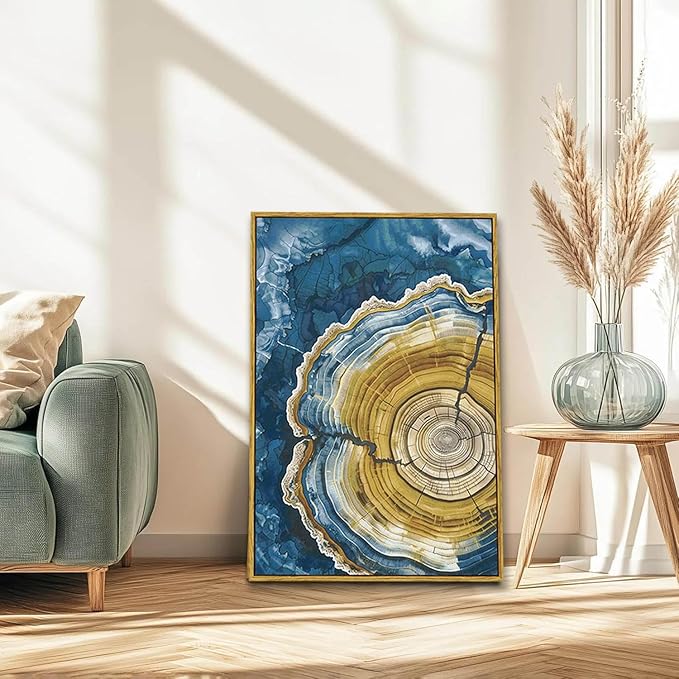 BingruiArt Large Framed Tree Ring Wall Art Wood Canvas Colorful Boho Wall Decor Rustic Artwork Abstract Painting Farmhouse Picture Nature Print for Living Room Bedroom Bathroom 24"x36" Natural Framed(07)