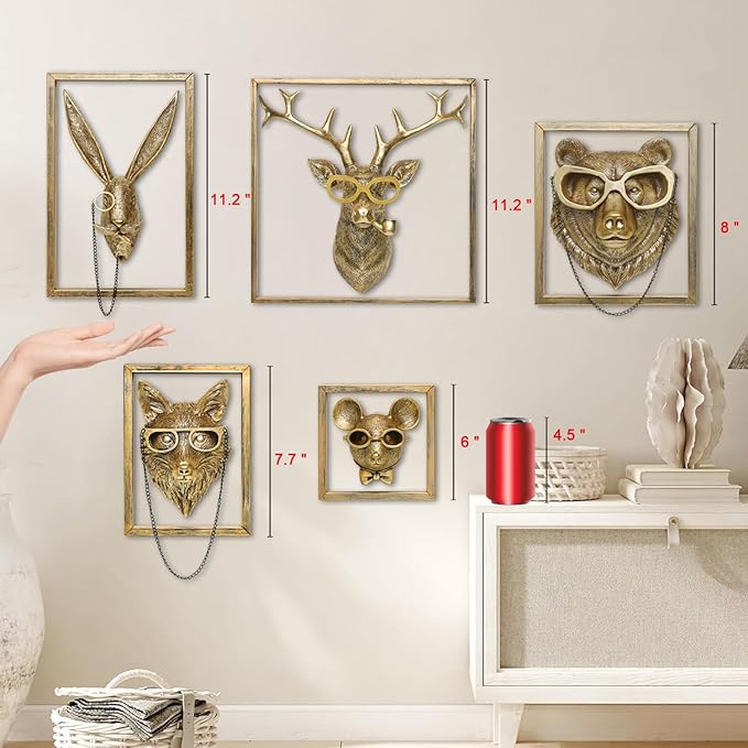 Newinhome Animal Heads Wall Decoration (Gift Metal Frame) Resin Animals Sculptures Head Wall Hanging Decor Gold vintage Wall Sculpture for Living Room Bedroom Office(Bear)