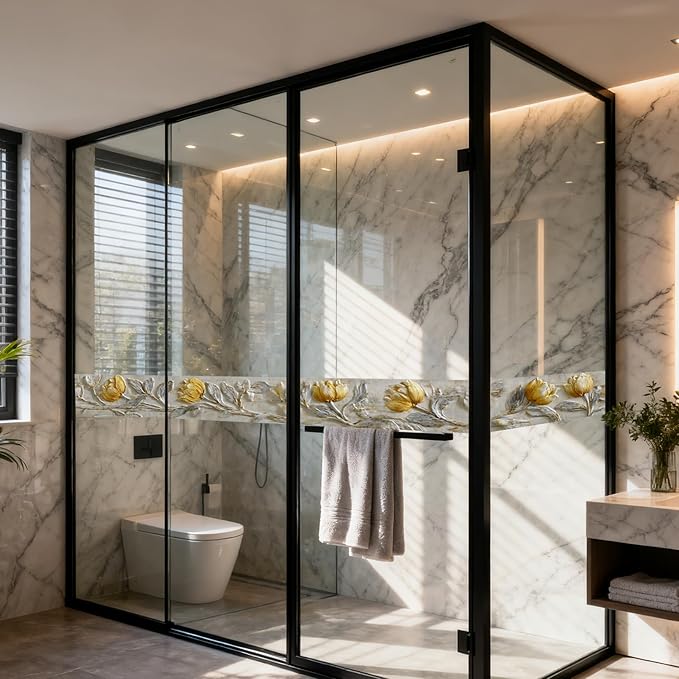 Nuxovilar Wallpaper Border Peel and Stick, Gold & White Tulip Floral Pattern Self-Adhesive Wallpaper, PVC 3.94×16.4 Ft, Ideal for Bedroom, Dining Room, Luxury Decor