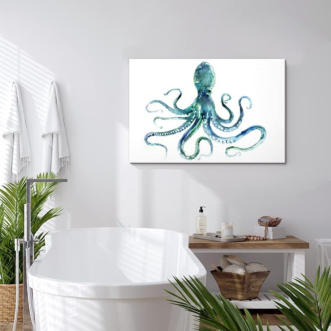 JAPO ART Blue Octopus Bathroom Decor Canvas Wall Art by Edward Selkirk Coastal wall decor Nautical Ocean Animal Watercolor Marine life Sea Pictures Framed Artwork Print on Canvas for Living Room