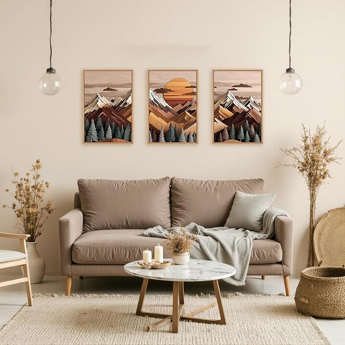 KAIRNE Mountain Framed Canvas Wall Art Set, Mountain Themed Wall Decor, Wooden Pine Tree Scene Wall Painting, Vintage Forest Landscape Art Prints for Living Room, Bedroom, Office 24"x36"x3