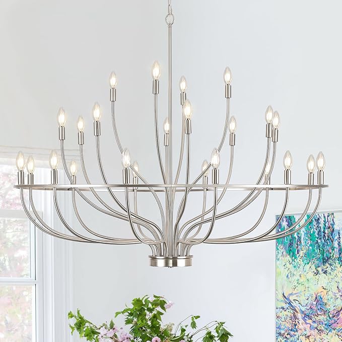 24 Light Brushed Nickel Chandelier 51'' Large Candle Chandeliers for High Ceiling Foyer Modern Classic Chandelier Light Fixture for Large Living Room Dining Room Stairs Entry Restaurant Hotel