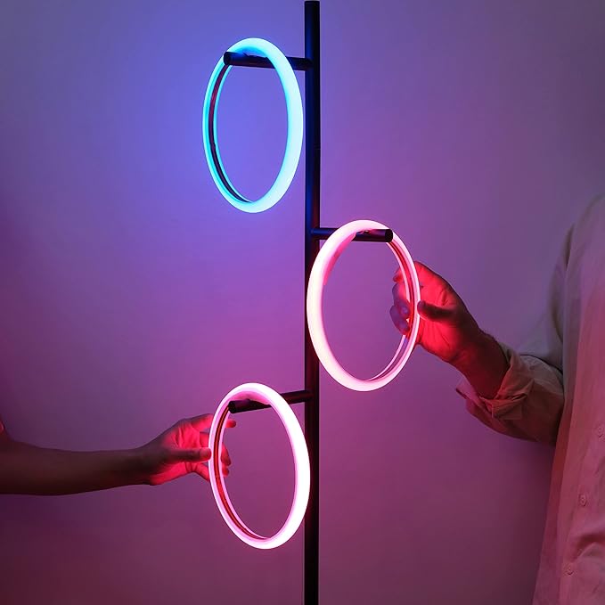 Brightech Saturn Modern Color Changing Floor Lamp - Tall Tree LED Lamp Perfect for Living Room Decor - Beautiful RGB Color Gradient and 3 LED Lights for Bedroom, Office, Reading - Black