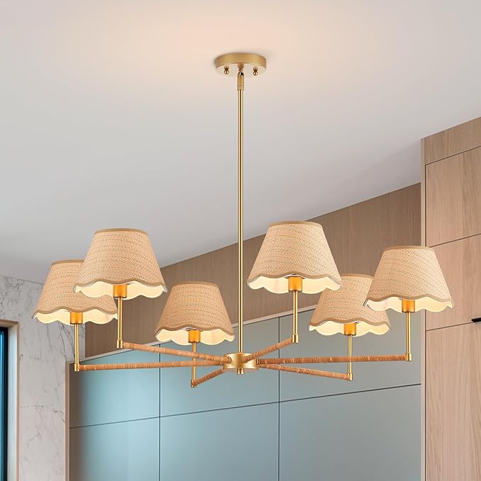 39” Boho Rattan Chandelier 6-Lights Rustic Industrial Pendant Light Large Adjustable Pendant Lighting Fixtures for Kitchen Island Dining Living Room, UL Listed