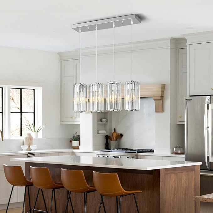 Chrome Pendant Lighting Modern Pendant Light, Mini Crystal Chandeliers,Adjustable Pendant Light Fixture for Kitchen Island Dinning Room Corridor Bedroom…(Gold 4-Light)