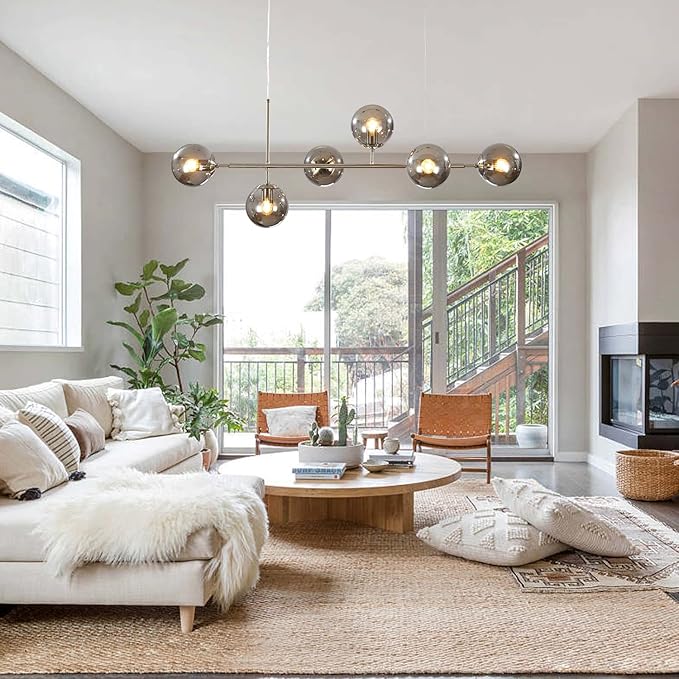 KCO Modern 6-Light Ceiling Pendant Lighting Mid-Century Glass Globes Sputnik Pendant Lamp Hanging Adjustable Chandelier for Kitchen Island Living Dining Room (Silver+Smoke Grey)