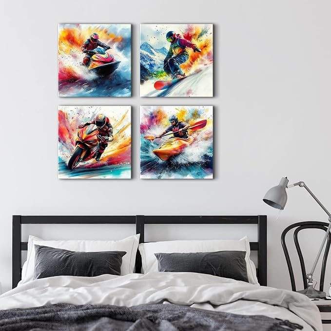 Leisure Sports Canvas Wall Art for Mens Bedroom Wall Decor Abstract Watercolor Skiing Surfing Pictures Colorful Jet Ski Athlete Framed Artwork Teenager Boys Room Decor Cool Home Decoration 16x16 4Pcs
