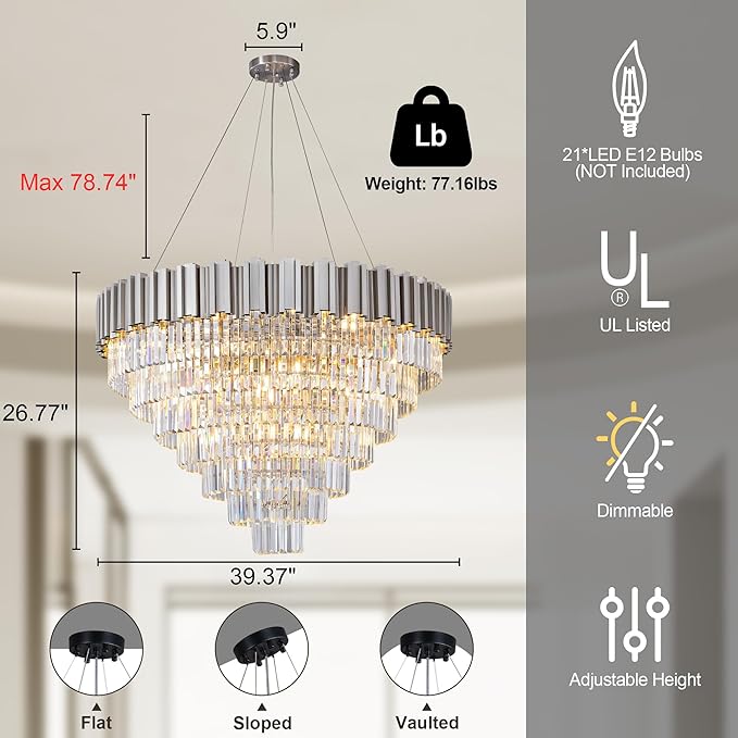 7-Tier 39" Silver Chandelier, 21-Light Modern Crystal Chandelier, Luxury Round K9 Crystal Chandeliers Light Fixture for Dining Room, Living Room, Bedroom, Foyer, Entryway, Kitchen, Restaurant