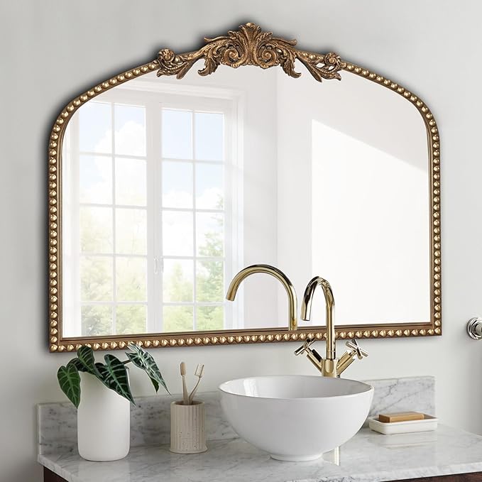 Baroque Arch Mirror for Living Room Wall, 36" X 30" Antique Gold Traditional Cathedral Ornate Beaded Arched Frame Decorative Vanity Mirrors for Mantel Fireplace, Bathroom, Bedroom Decor