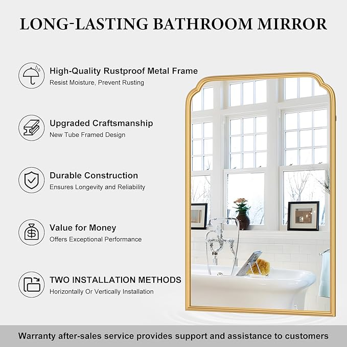 24X36 Inch Gold Mirror for Bathroom, Modern Rounded Corner Rectangle Mirror with Non-Rusting Iron Metal Framed Bathroom Vanity Mirror for Over Sink Wall Decor(Tempered Glass)