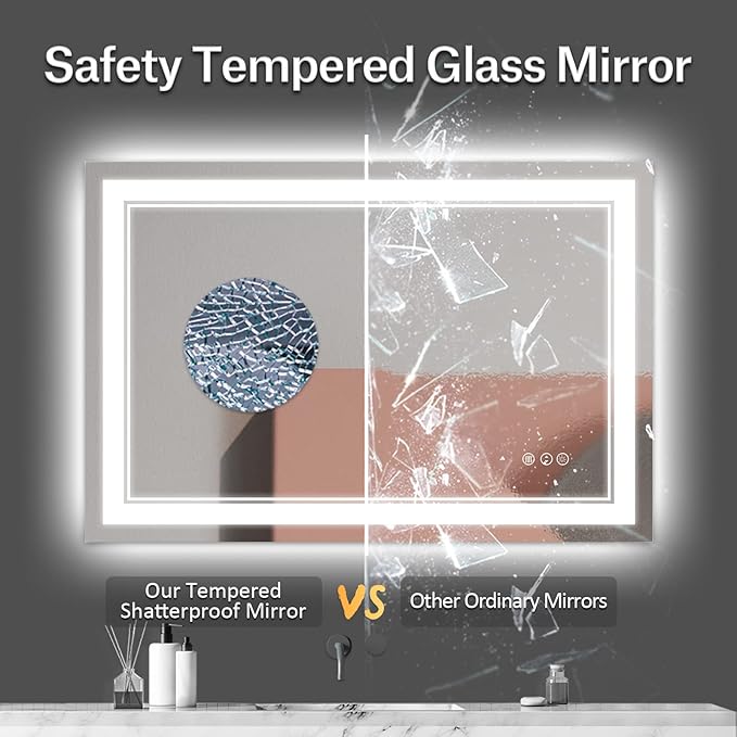 48x32 Inch LED Bathroom Mirror, Front Light and Backlit Anti-Fog Dimmable Memory Lighted Vanity Mirror, Shatterproof Wall-Mounted Led Mirror for Bathroom