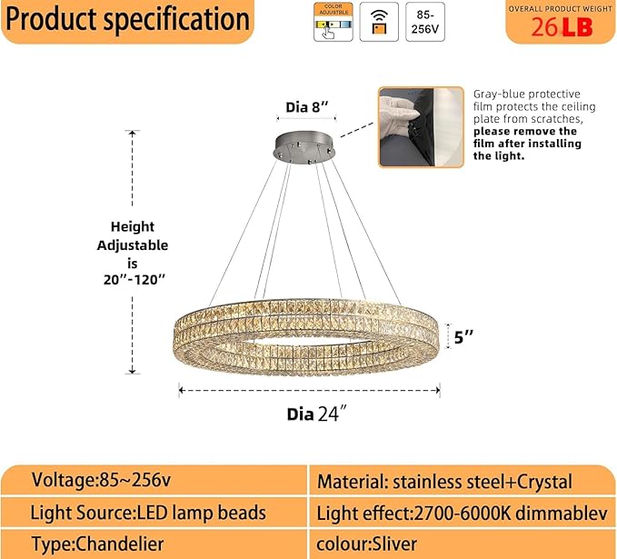 Led Ring Crystal Chandelier, Modern Dimmable Chandeliers Lighting and Hanging Adjustable, LED Round Ceiling Light for Dining Room Living Room 24" Silver