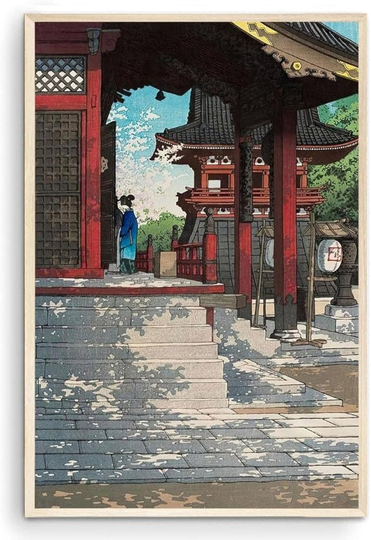 OZCONO Japanese Temple Art Print, Traditional Shrine Wall Decor, Vintage Style Ukiyo-e Woodblock Design, UV-Resistant Giclée Print (24L x 16W)