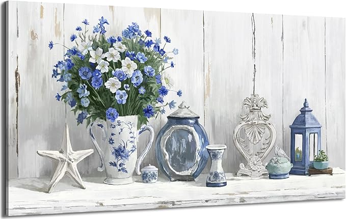 Nicetop Oversized Vintage Wall Art – Rustic Coastal Still Life Floral Canvas Print Country Farmhouse Cottagecore Shabby Chic Style Botanical Artwork Blue Picture for Large Living Room Kitchen 58x29Inch