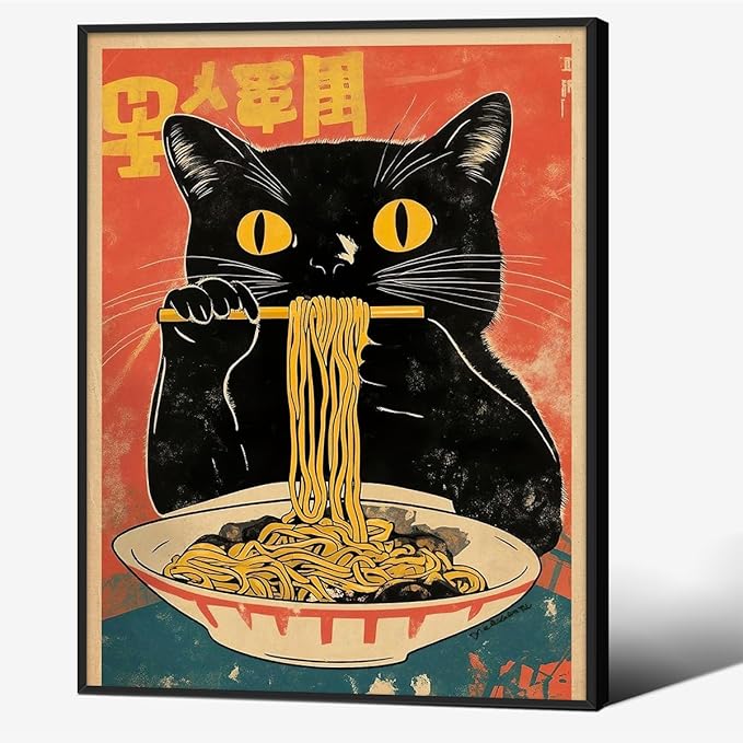 Black Framed Canvas Wall Art Posters Vintage Funny Black Cat Eating Ramen Unique Kitchen Decor Artwork Japanese Prints for dining Room Bedroom or Living Room Decoration 24x32 inch