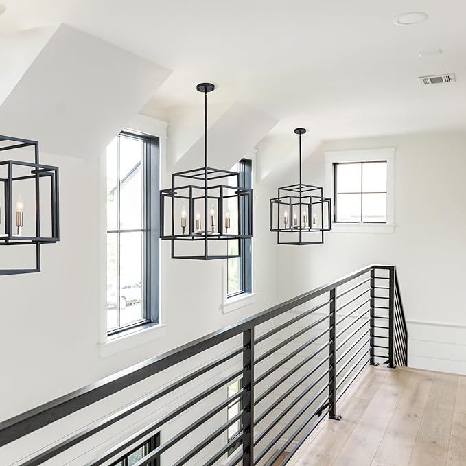 4-Light Black and Brushed Nickel Chandeliers, Foyer Lighting Fixtures for High Ceilings, Farmhouse Chandeliers for Dinning Room Entryway Staircase, Rectangular Pendant Light for Kitchen Island