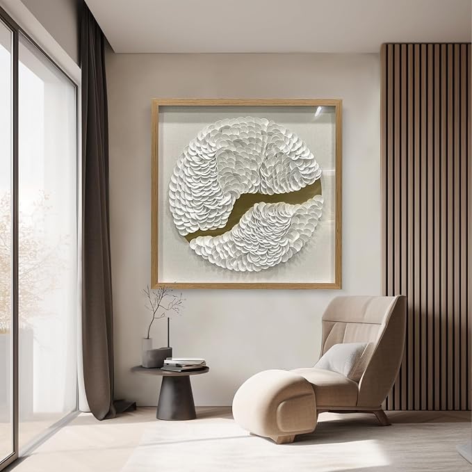 BrightA White Leather Wall Art Wall Sculpture Eclectic Decor Handcrafted Layered Texture with Wooden Shadow Frame Acrylic Protected Modern Abstract Decor for Living Room/Gallery 31.5"x31.5"