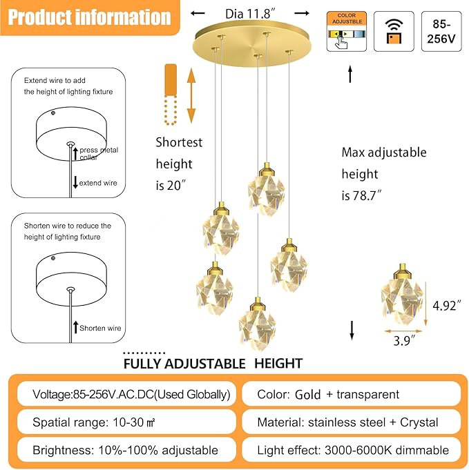 5-Light Raindrop Pendant Light, Gold Kitchen Island Hanging Light Fixtures, Modern Art Raindrop Clear Solid Crystal Chandelier for Dining Room Living Room Foyer