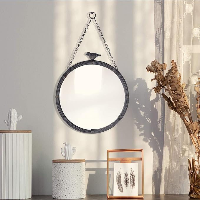 NIKKY HOME 11.2" Decorative Small Hanging Mirrors Vintage Rustic Round Metal Framed Wall Mounted Mirror Decor with Bird for Bathroom Living Room Office, Antiqued Black