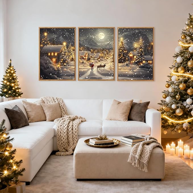 CHDITB Christmas Village Wall Art Set Of 3, Santa Claus and Reindeer Wall Decor, Moonlit Winter Artwork, Xmas Snowy Landscape Painting, Vintage Christmas Decor for Living Room Bedroom Fireplace 16"x24"