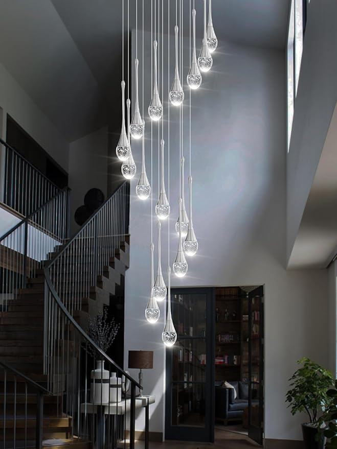 Adjustable 120'' Long Raindrop Crystal Pendant Chandelier 16Lights Silver Staircase Chandeliers High Ceiling Chandelier Loft Slanted Ceiling Fixtures LED Dimmable 2700-6000k