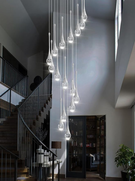 Adjustable 120'' Long Raindrop Crystal Pendant Chandelier 16Lights Silver Staircase Chandeliers High Ceiling Chandelier Loft Slanted Ceiling Fixtures LED Dimmable 2700-6000k